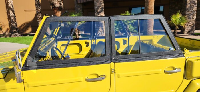 VW Thing Sliding Glass Side Curtain, front and rear.